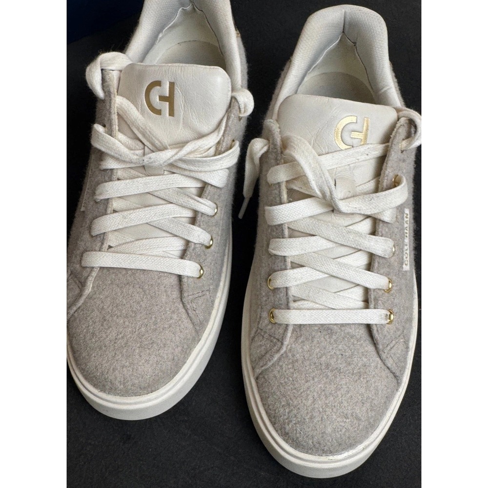 Cole Haan Grand Crosscourt 7B Grey Wool Felt Sneakers Gold Leather Low Top Shoes